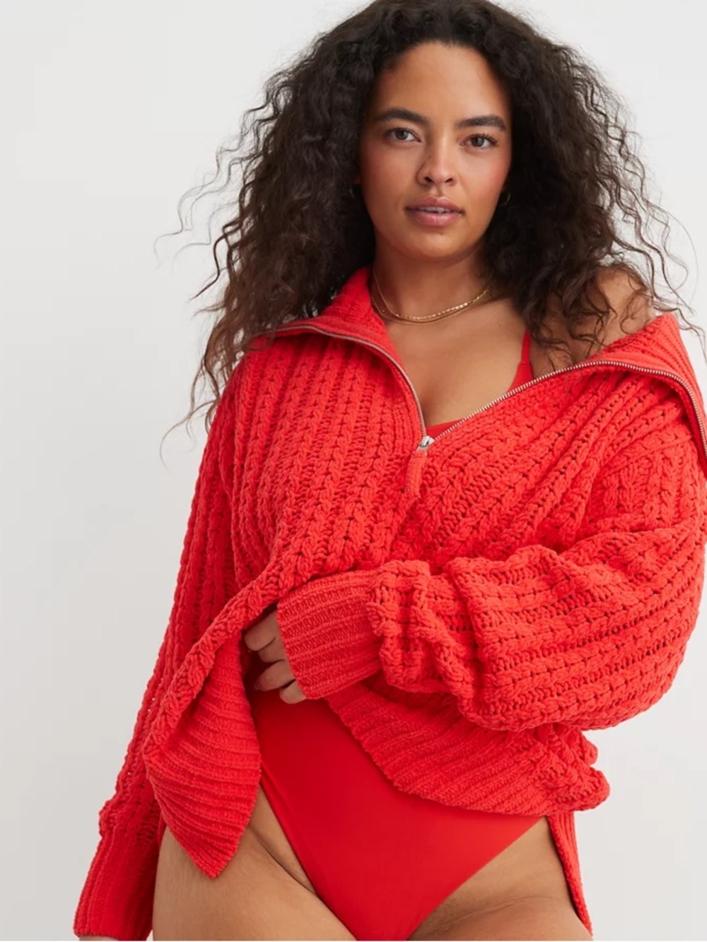 Aerie Cable Car Knit Bright Red Half-Zip Sweater Size Small‎